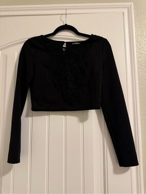 Express Black Long-Sleeve Cropped Top with Lace Applique